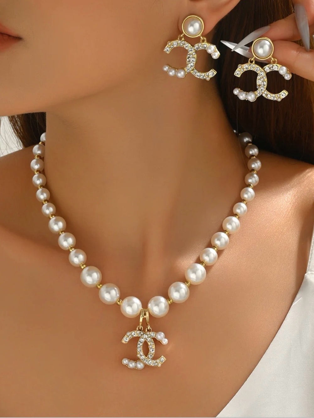 Gold & Pearl CC Pendant Necklace and Earrings Set - NWOT - Picture 3 of 4